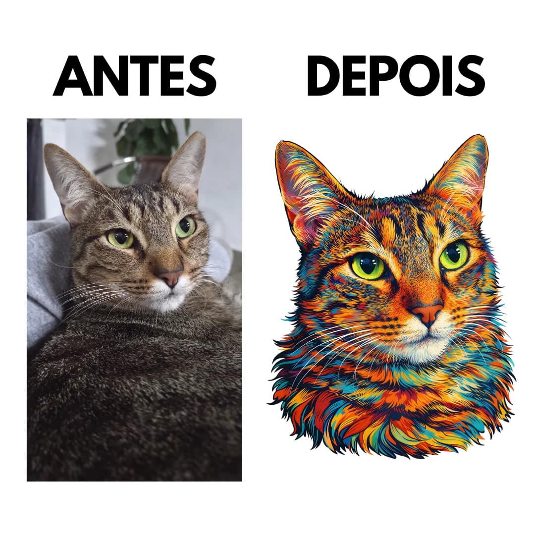 Sua Foto com Molde Contorno Gato Colorido - Quebra-Cabeça Personalizável Premium