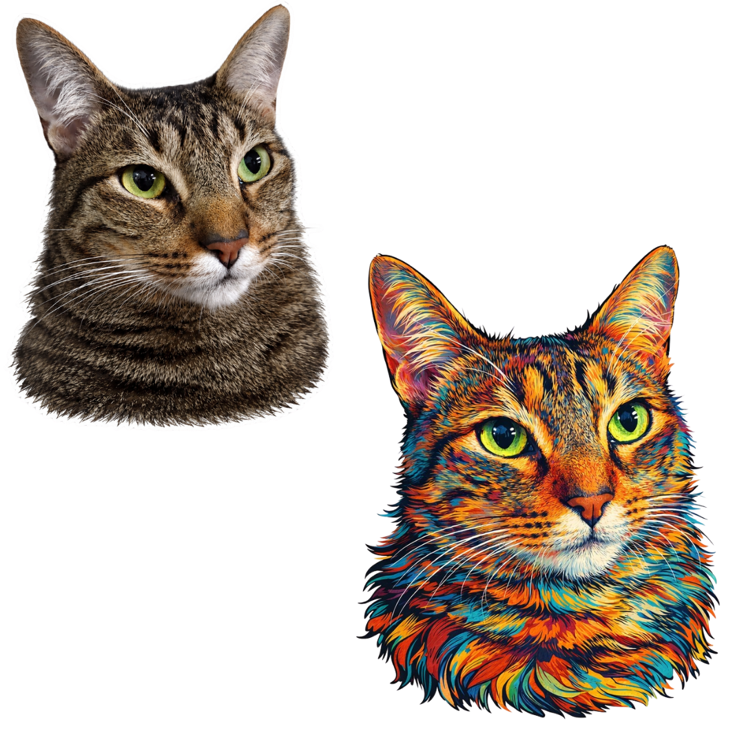 Sua Foto com Molde Contorno Gato Colorido - Quebra-Cabeça Personalizável Premium